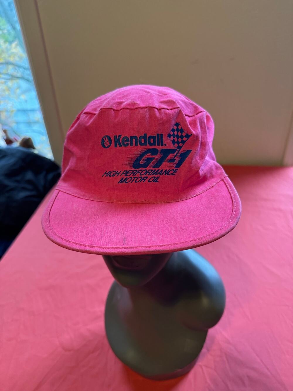 Vintage 80s Kendall GT-1 Motor Oil Hat Pink Cotton Elastic Flawed Racing Cap